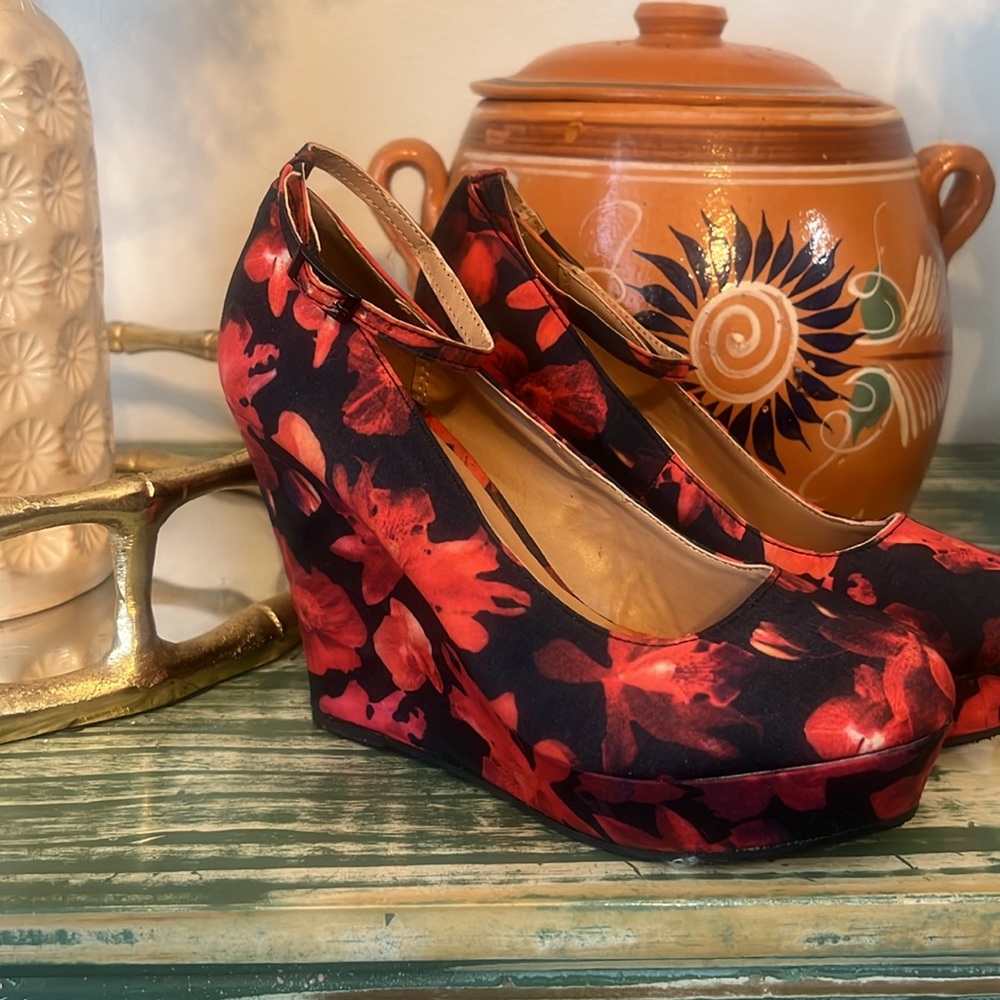 Red Floral Platform Mules